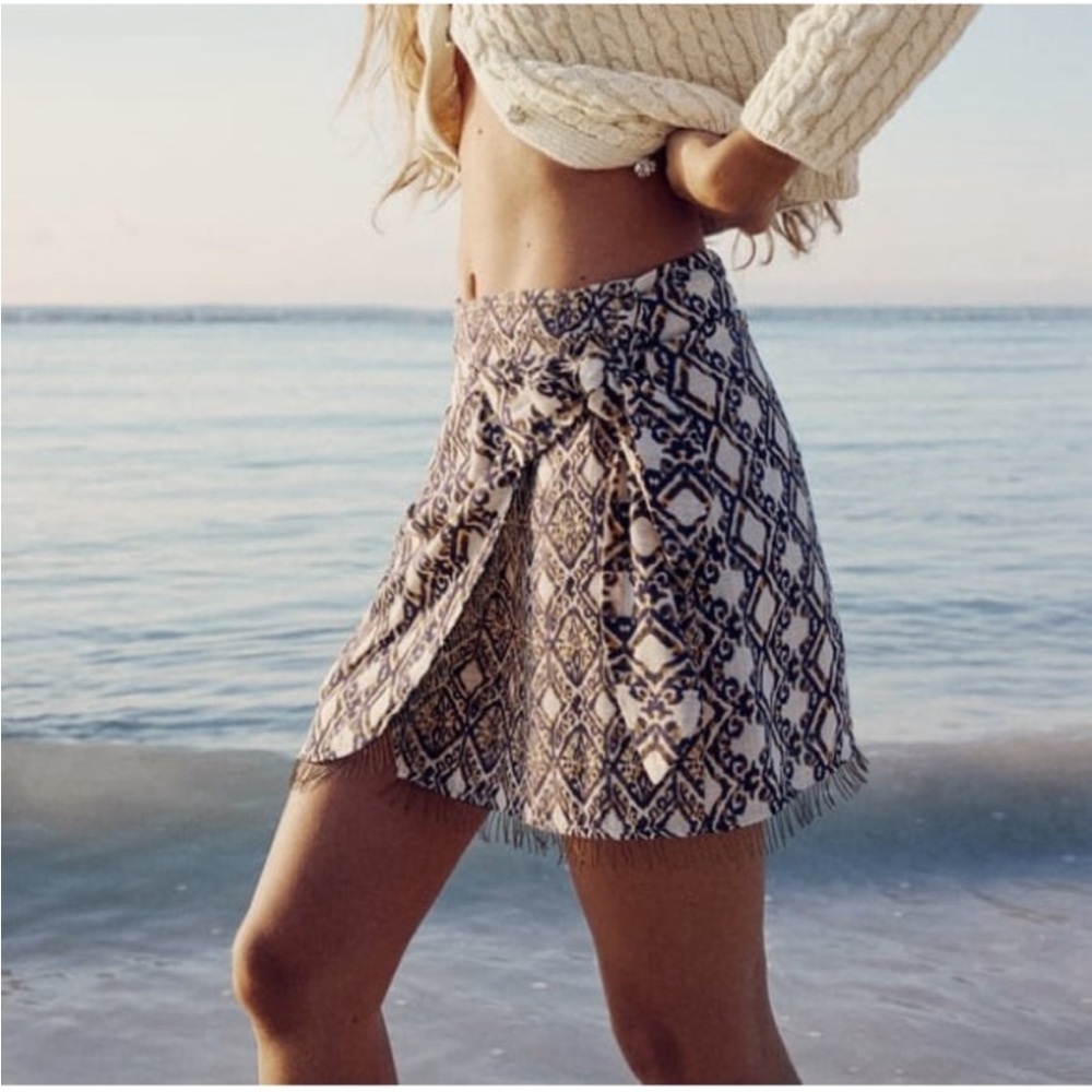 Zara fringe beaded patterned skirt with wrap tie - M